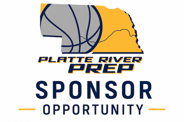 Platte River Prep sponsor opportunity graphic with basketball logo in gray, navy, and gold on white background