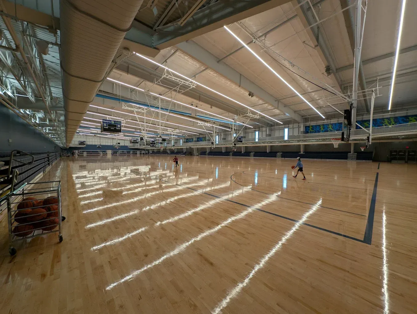 Empty indoor sports gym with polished wooden floor and bright overhead lights