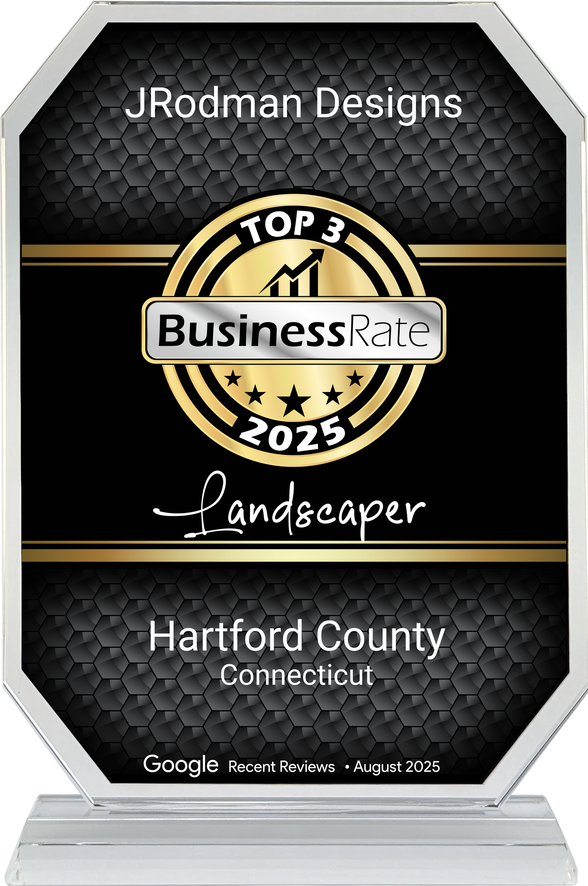 Award: JRodman Designs, Top 3 Landscaper, BusinessRate 2025, Hartford County, Connecticut.