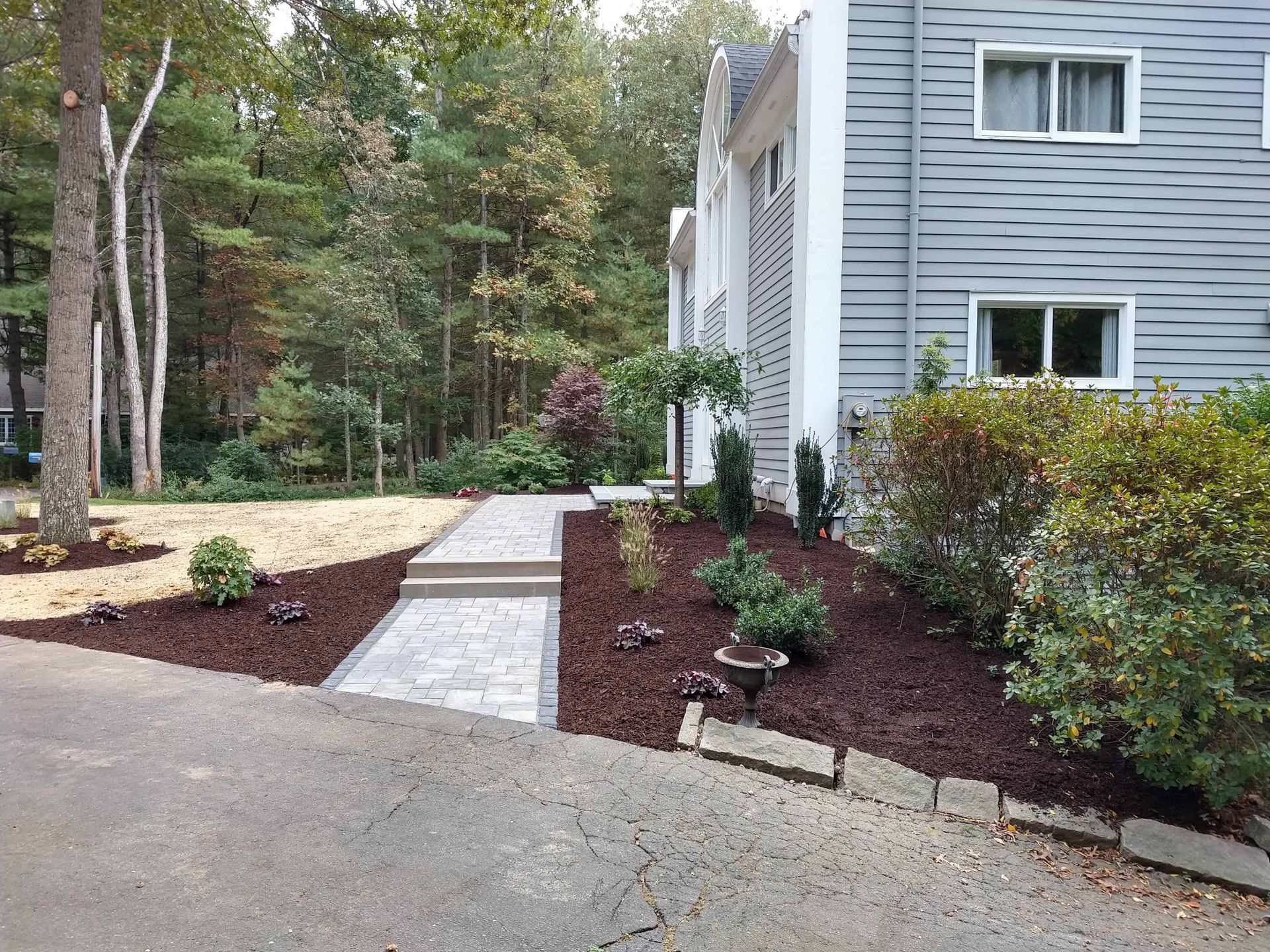 A paved walkway leads to a building entrance with landscaped beds of dark mulch and plantings.