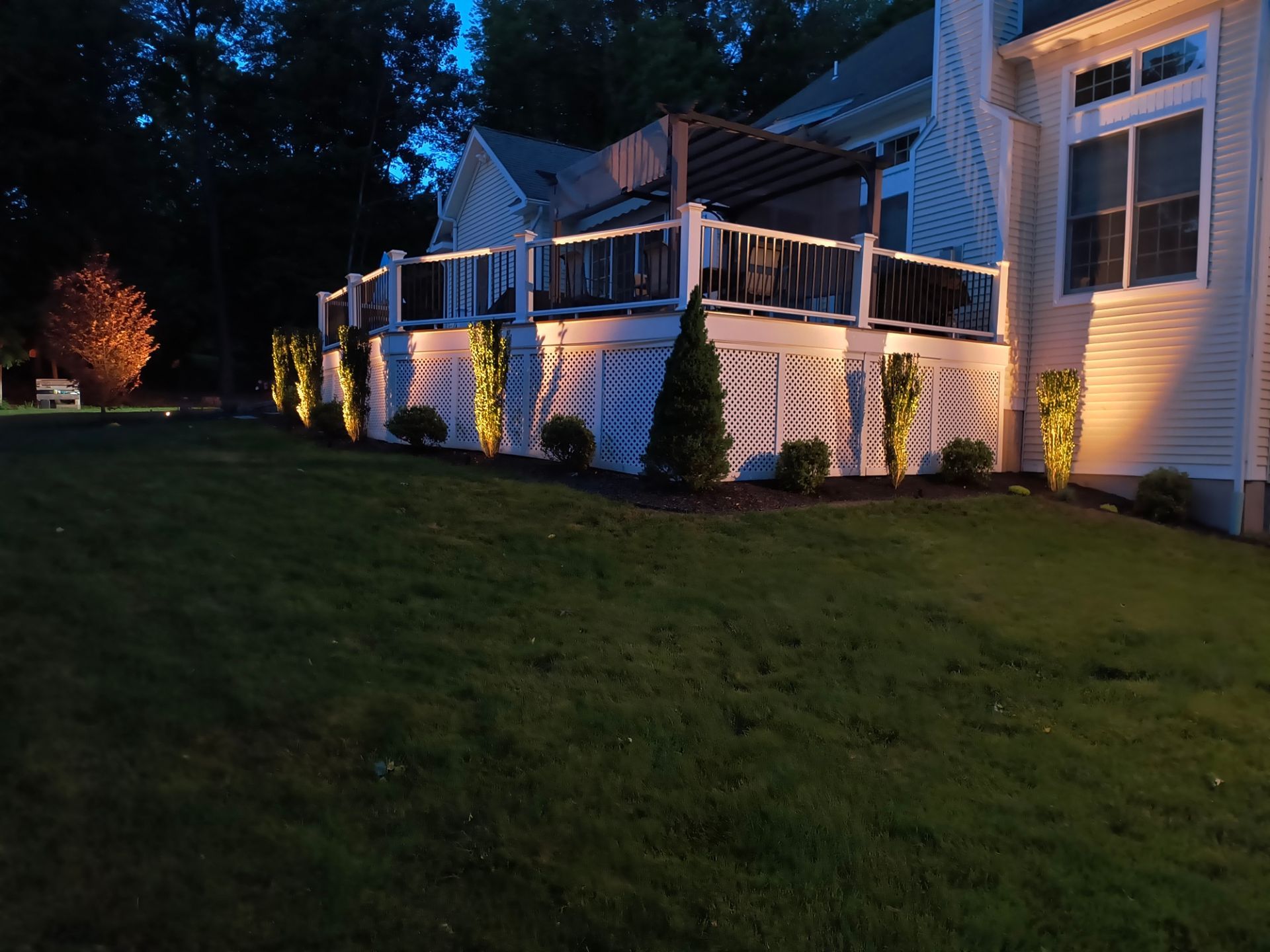 Lit garden with bushes, small trees, and rectangular pathway lights at dusk.