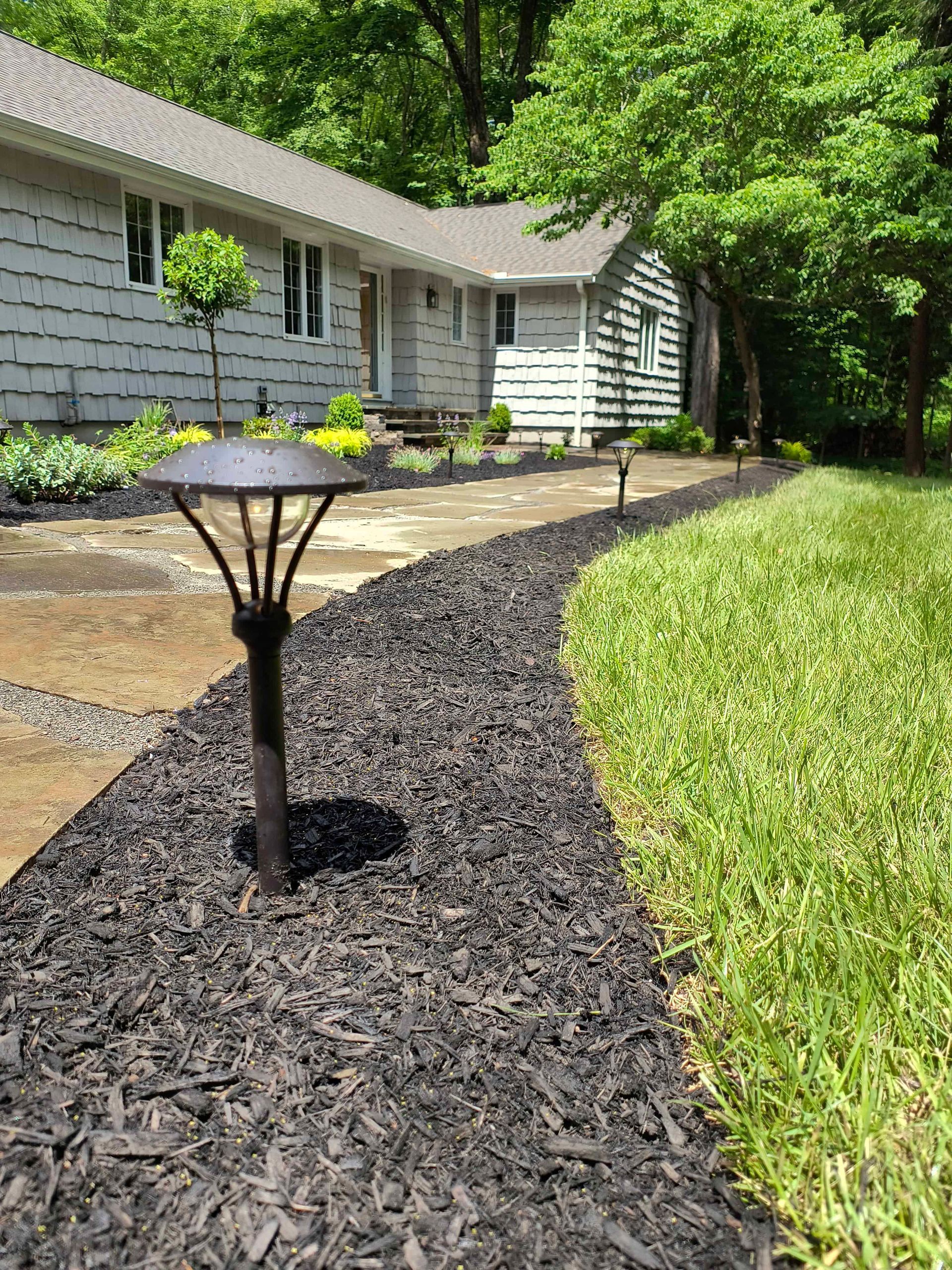 Black mulch pathway leads to a house with flanking green lawn and trees. Path is lined with garden lights.