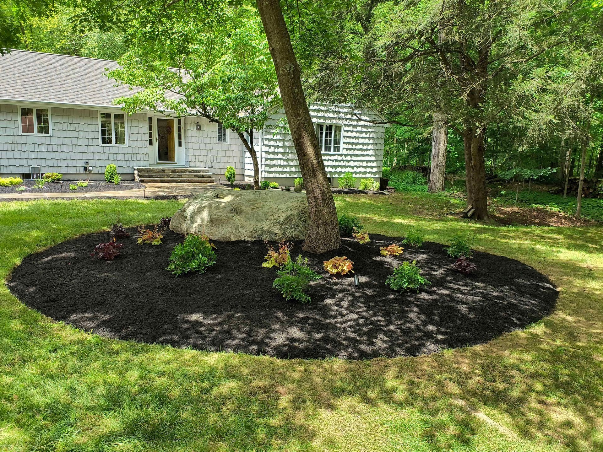 A landscaped garden bed with dark mulch surrounds a tree and rock in front of a house.