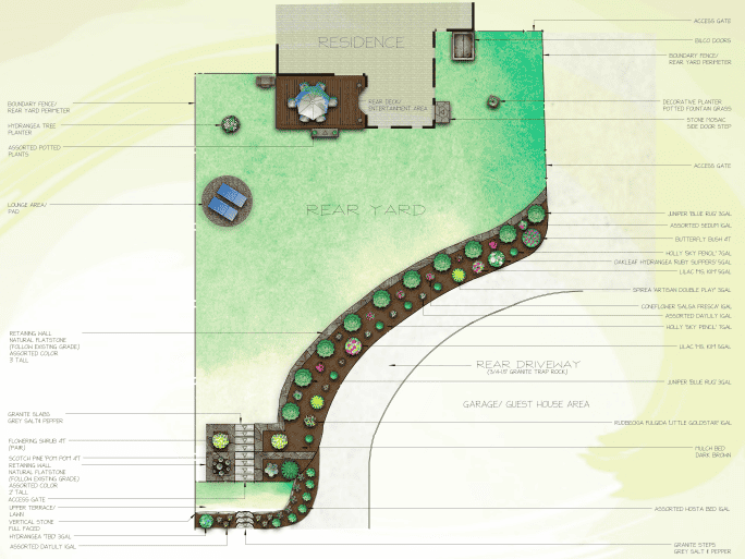 Landscape plan, showing rear yard with garden beds, patio, workshop, and curved path.