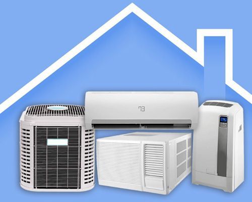 A group of air conditioners are lined up in front of a house roof