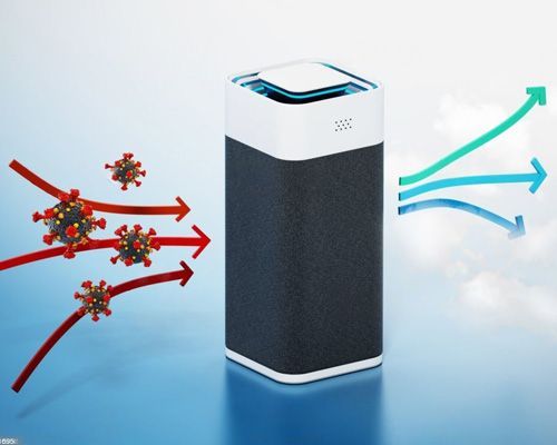 A 3d rendering of a air purifier with arrows pointing towards viruses.