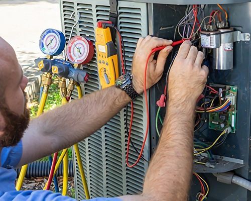 Arctic Fox technician is working on an air conditioner with a multimeter.