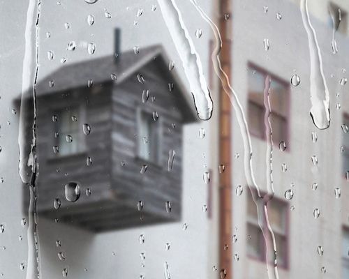 A small house is reflected in a window with rain drops.
