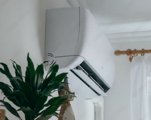 A white air conditioner is hanging on a wall next to a plant