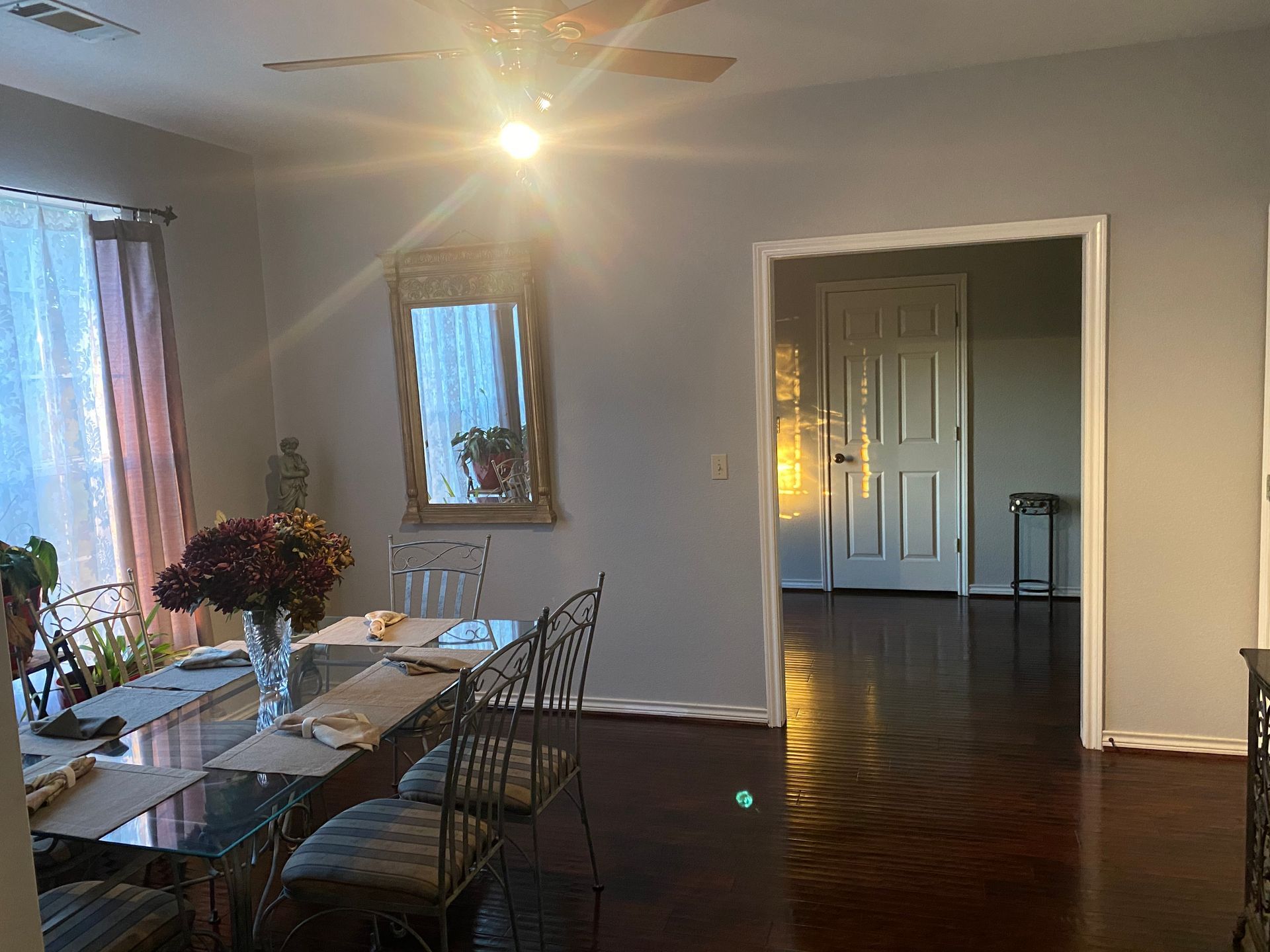 Dining room with table, chairs, mirror, and doorway. Sunlight streams through a window.