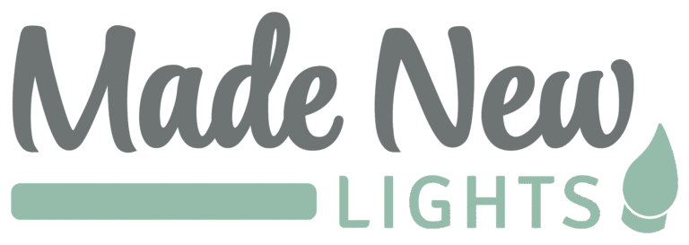 Made New Lights logo in gray and mint green with a leaf icon