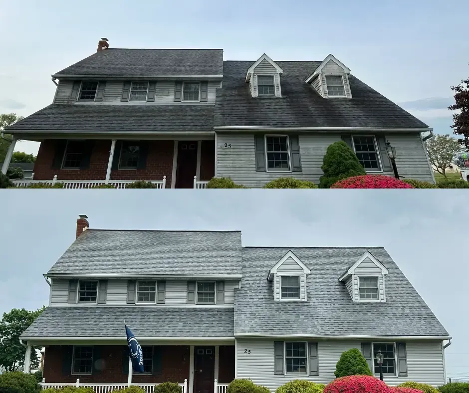 Before-and-after view of a gray two-story house with a porch, showing roof and dormer changes