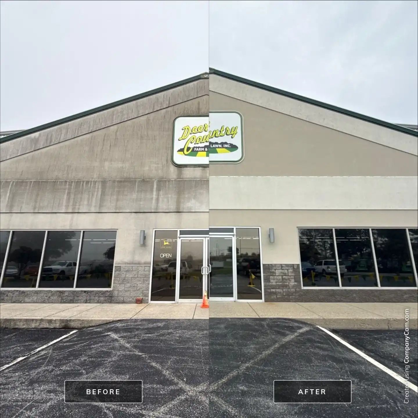 Before-and-after exterior of a beige storefront with a centered sign and glass entrance.