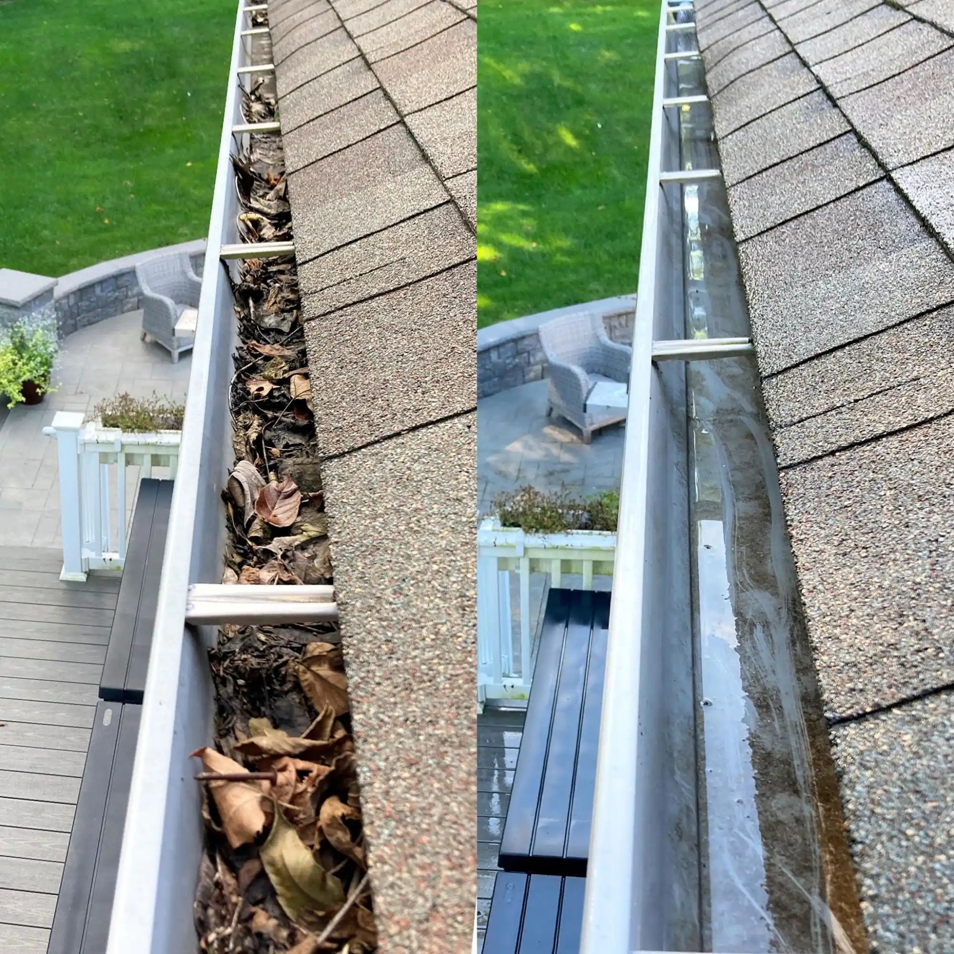 Two rooftop gutter views: one clogged with leaves, one clean beside gray shingles.