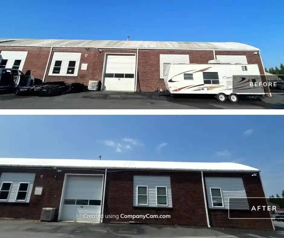 Before-and-after photo of a brick warehouse exterior with a white garage door and trailer removed.