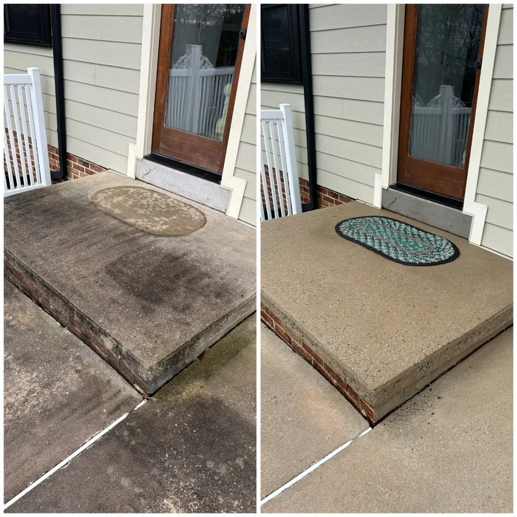 Before-and-after porch step cleaning: dirty concrete on the left, clean tan step with mat on the right.