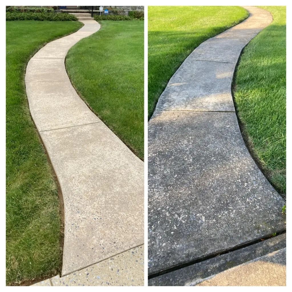 Side-by-side concrete sidewalk repair: smooth light path on left, rough dark patch on right, bordered by green lawn.