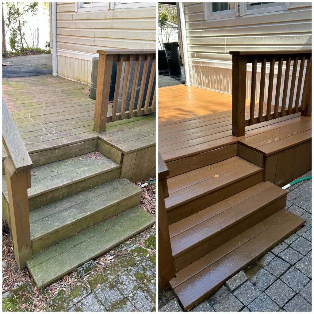 Before-and-after view of wooden porch stairs and railing, left weathered green, right freshly refinished brown.