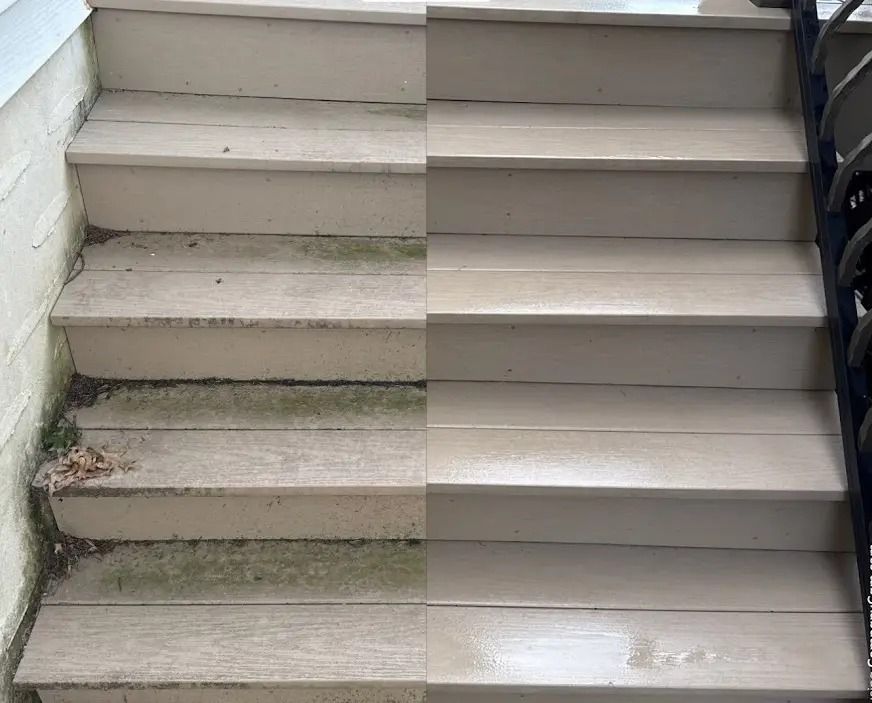 Two side-by-side staircases with different materials: worn concrete on the left, smooth beige tile on the right.
