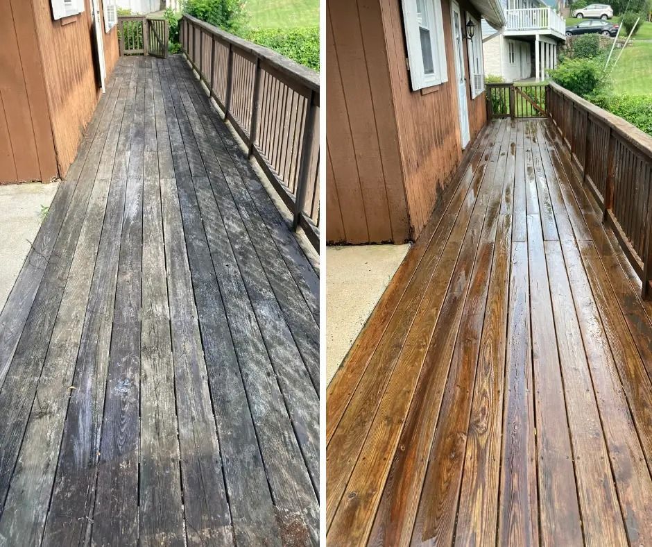 Weathered wooden deck before and after cleaning, showing gray boards restored to a warm brown shine.
