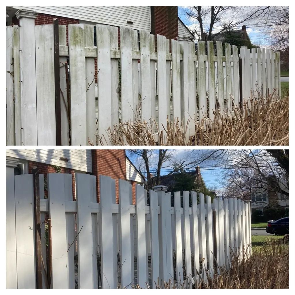 Before-and-after view of a white wooden fence, weathered and worn on top, freshly painted on bottom.