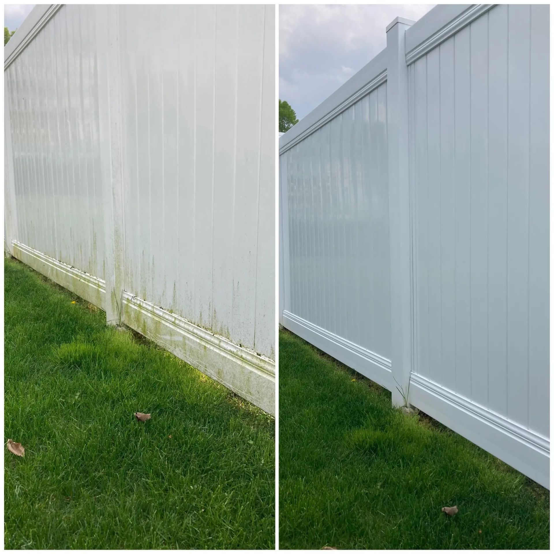 Split view of a white vinyl fence before and after cleaning, with green grass below.