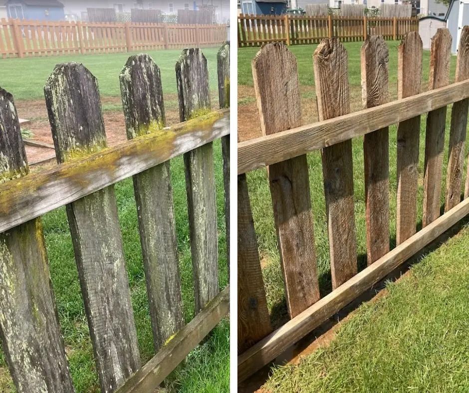 Weathered wooden fence posts before and after cleaning, showing dark old wood versus lighter restored wood.