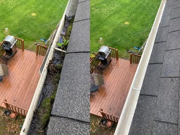 Split-view of a roof edge and wooden deck with a charcoal grill beside a green lawn