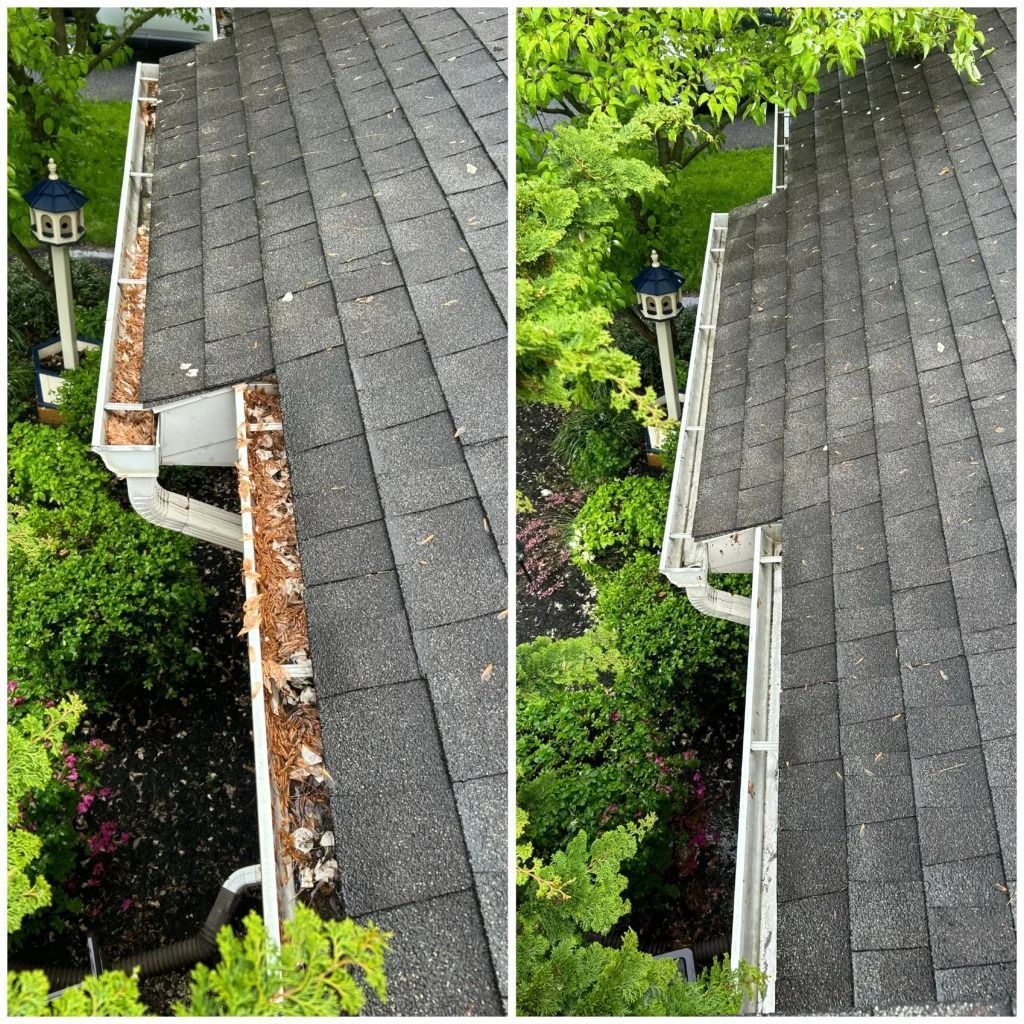 Split view of a roof gutter before and after repair, with damaged shingles and debris on the left.