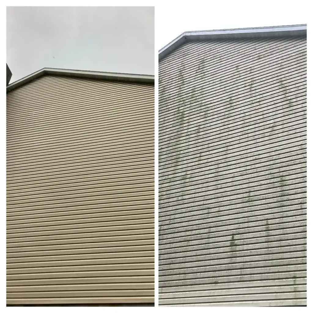 Side-by-side photos of a beige building facade with a wavy corrugated pattern and roofline trim