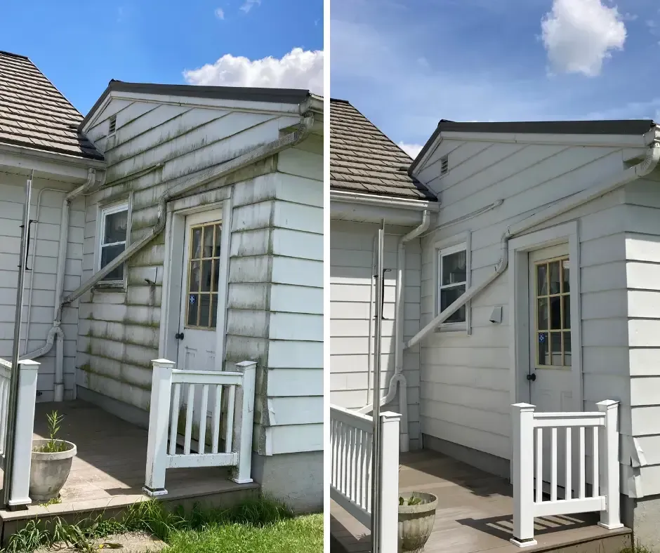 Before-and-after of a white house entryway with new siding and porch railings under a blue sky