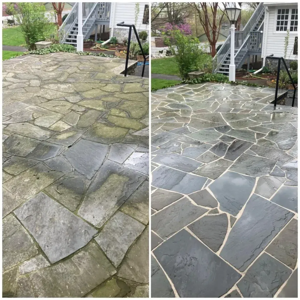 Stone patio before-and-after: mossy uneven slabs transformed into clean gray pavers with white mortar lines.