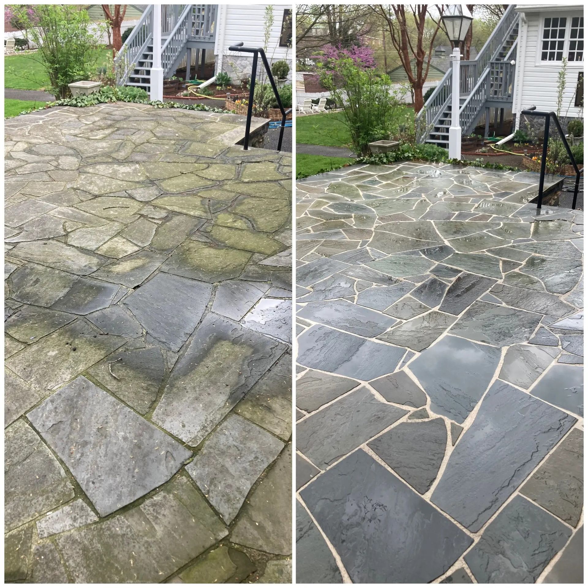 Before-and-after view of a stone patio, left mossy and uneven, right cleaned and dark gray with white joints.