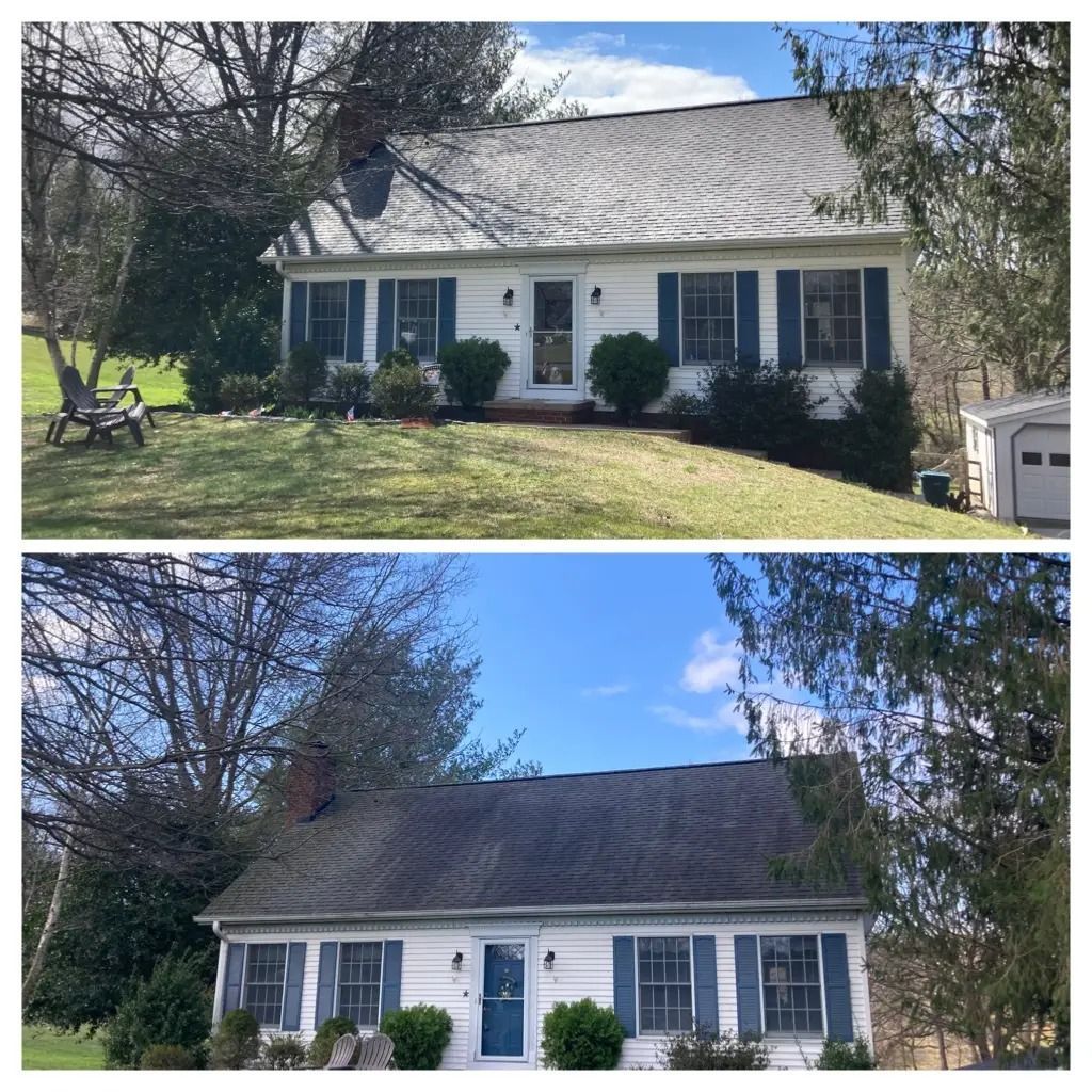 Two photos of a white house with blue shutters, a gray roof, and a front lawn in daylight