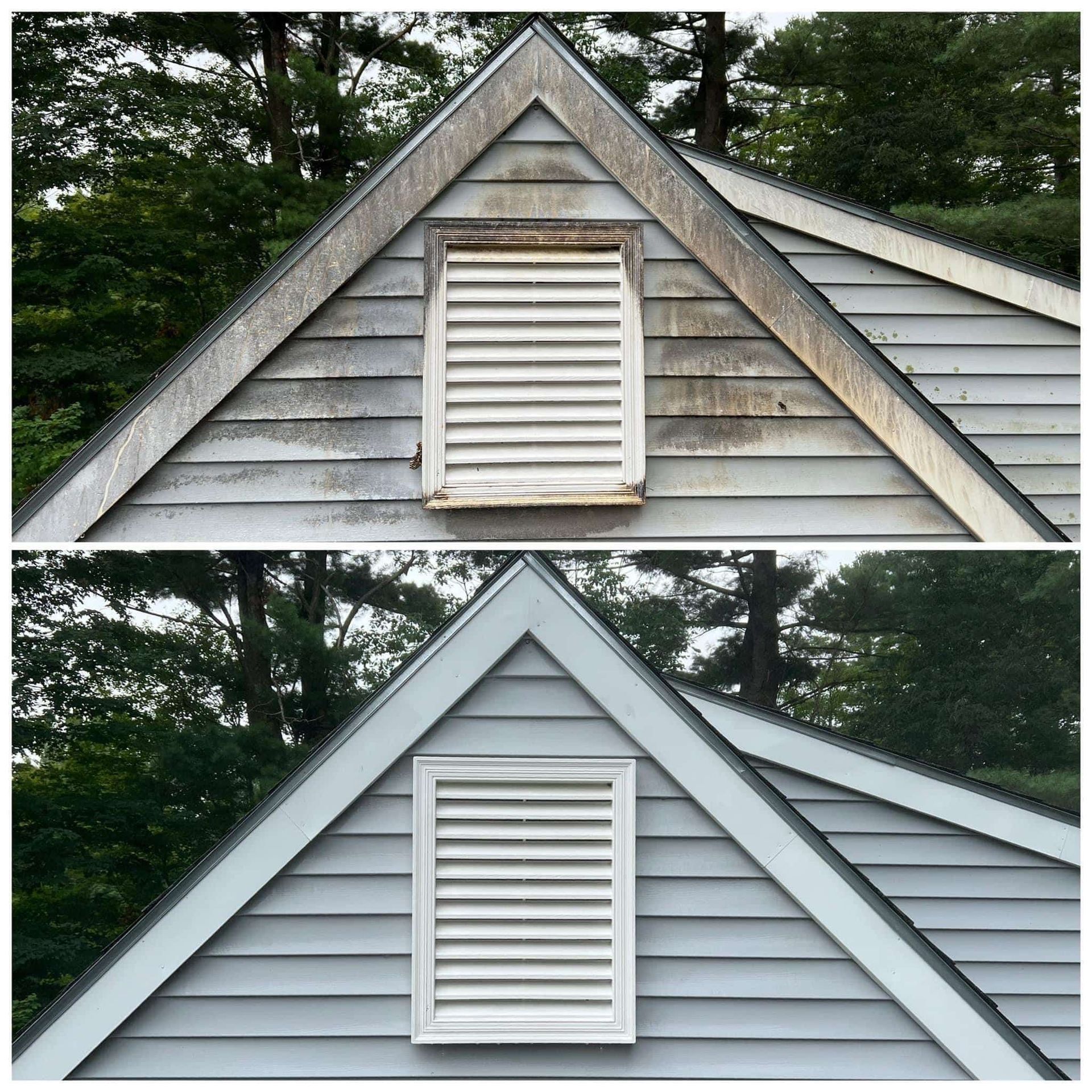 Before-and-after of a house gable vent and siding: weathered gray top, fresh light gray bottom.