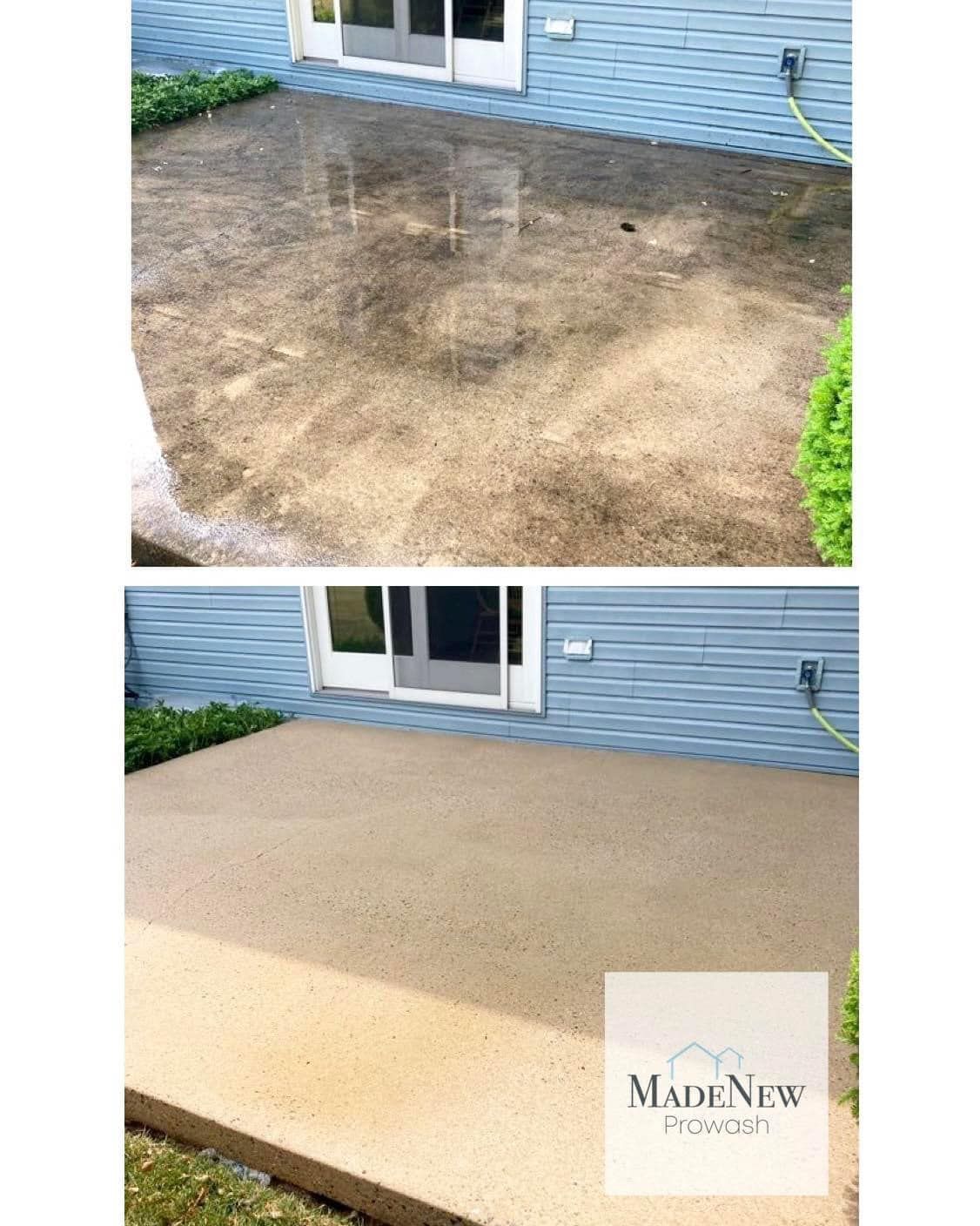 Patio resurfacing before and after: worn concrete replaced with smooth tan finish by blue house.