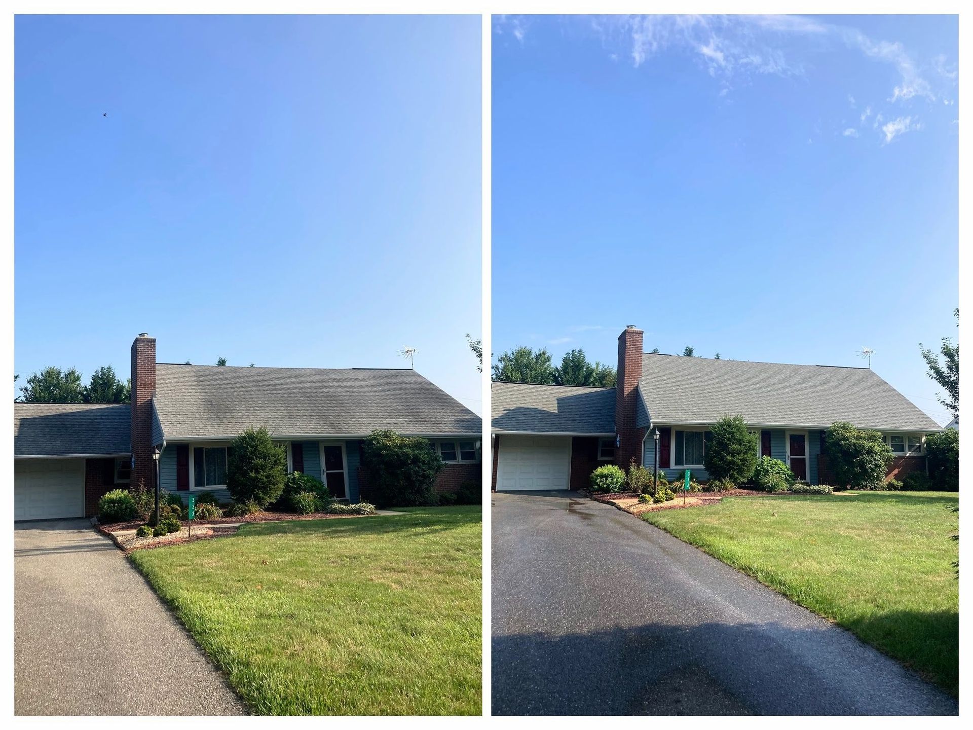 Side-by-side photos of a suburban house with a brick chimney, green lawn, and driveway under a blue sky