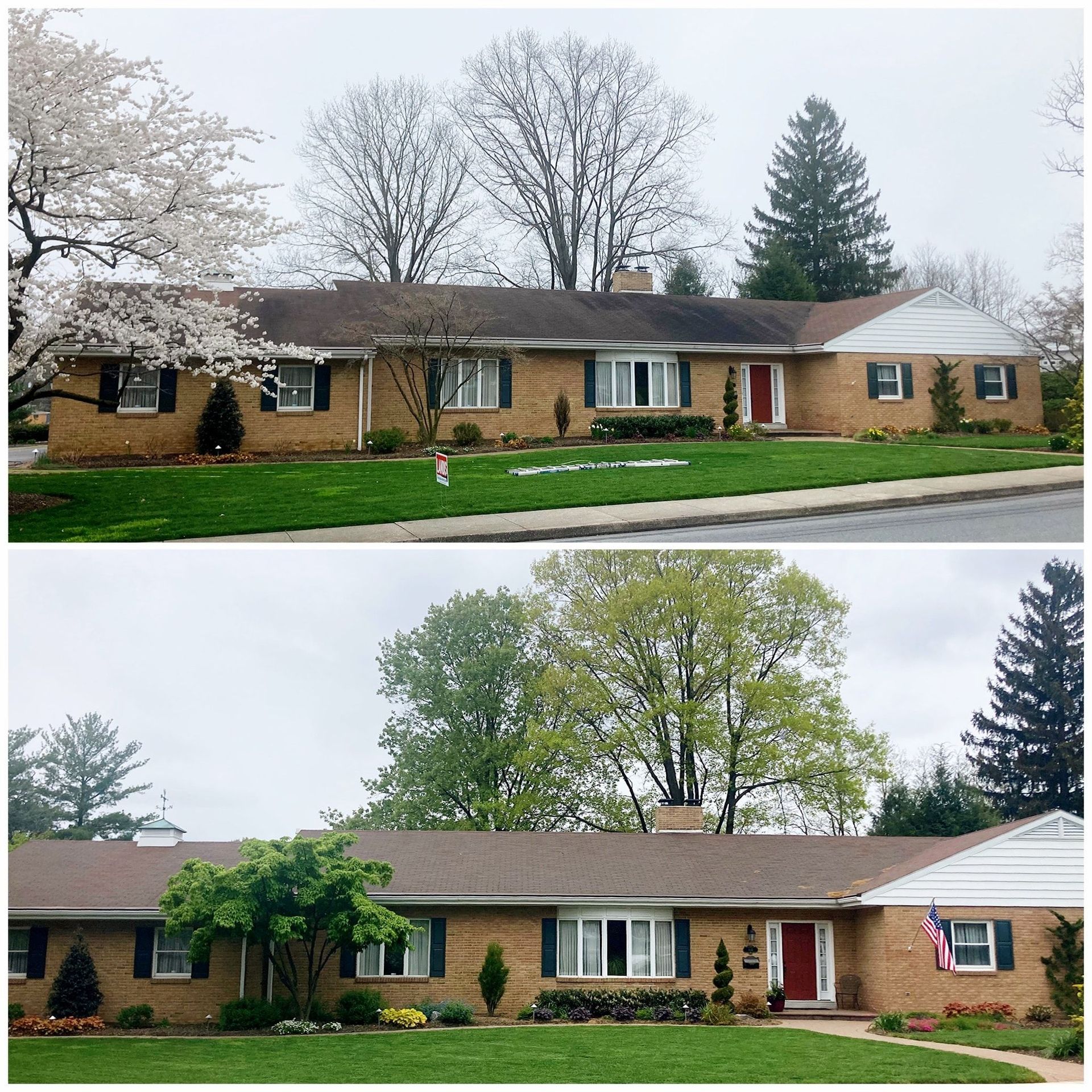 Two views of a brick suburban house with changing seasons, from snowy trees to full green foliage.