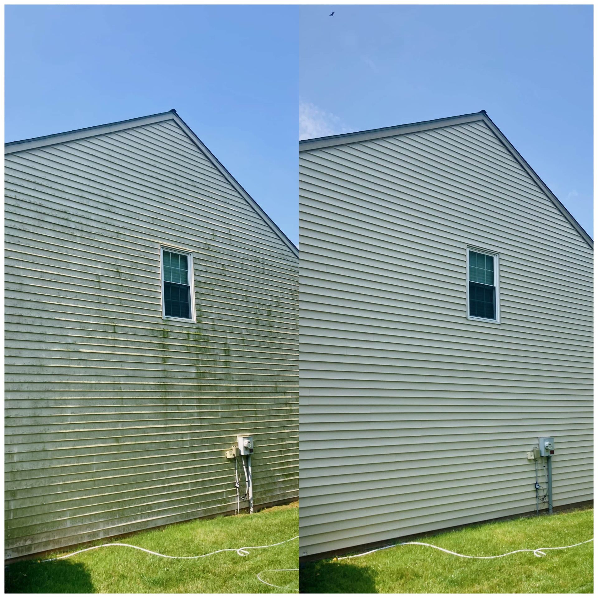 Side-by-side view of two gray house exteriors with small windows under a blue sky
