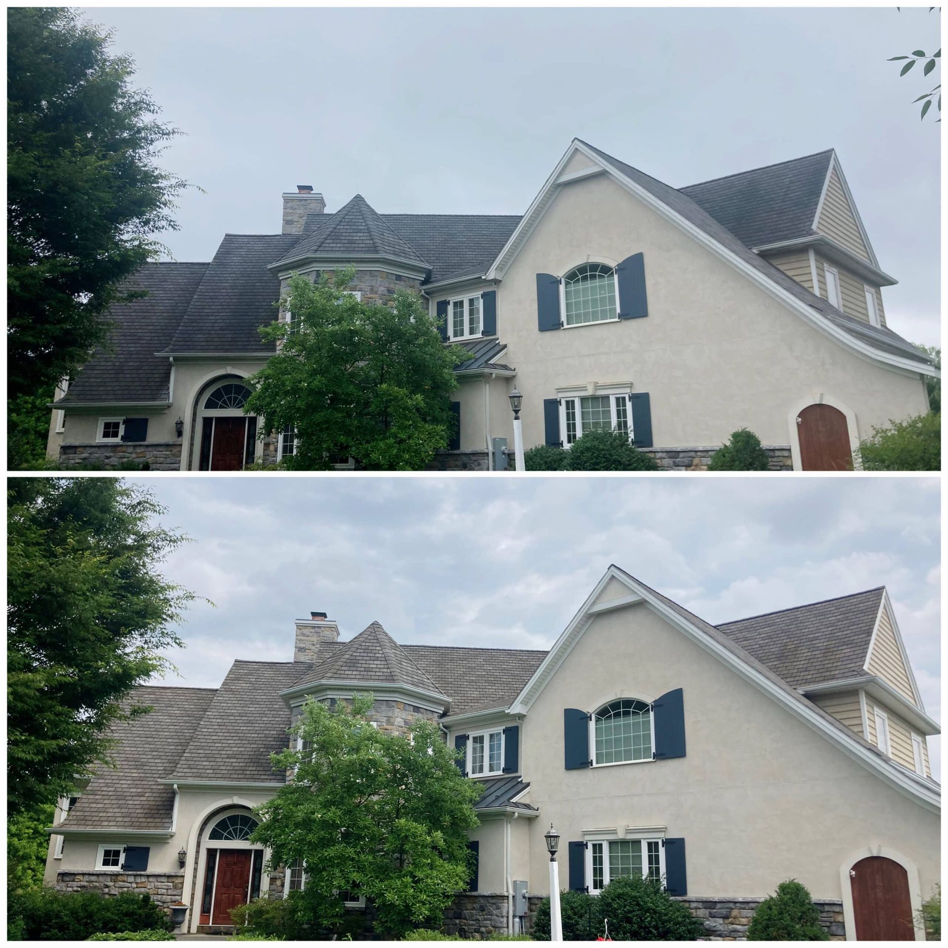 Before-and-after view of a house exterior with a dark roof and red front door, showing a brighter edited version below