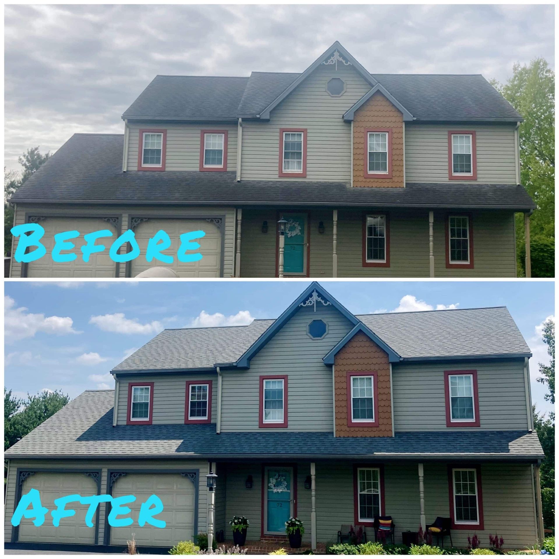 Before-and-after of a two-story house exterior renovation, showing refreshed blue-gray siding and trim.