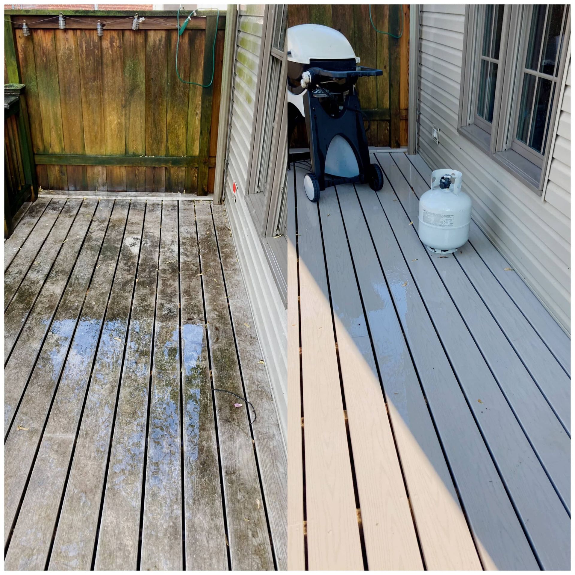 Backyard deck with a grill, white propane tank, and wooden fence; left side is wet and weathered.