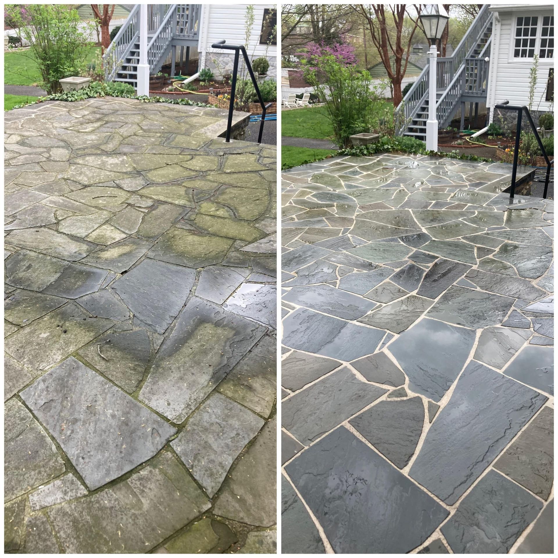 Stone patio before-and-after cleanup: mossy slabs on left, clean gray flagstones on right by a white house.