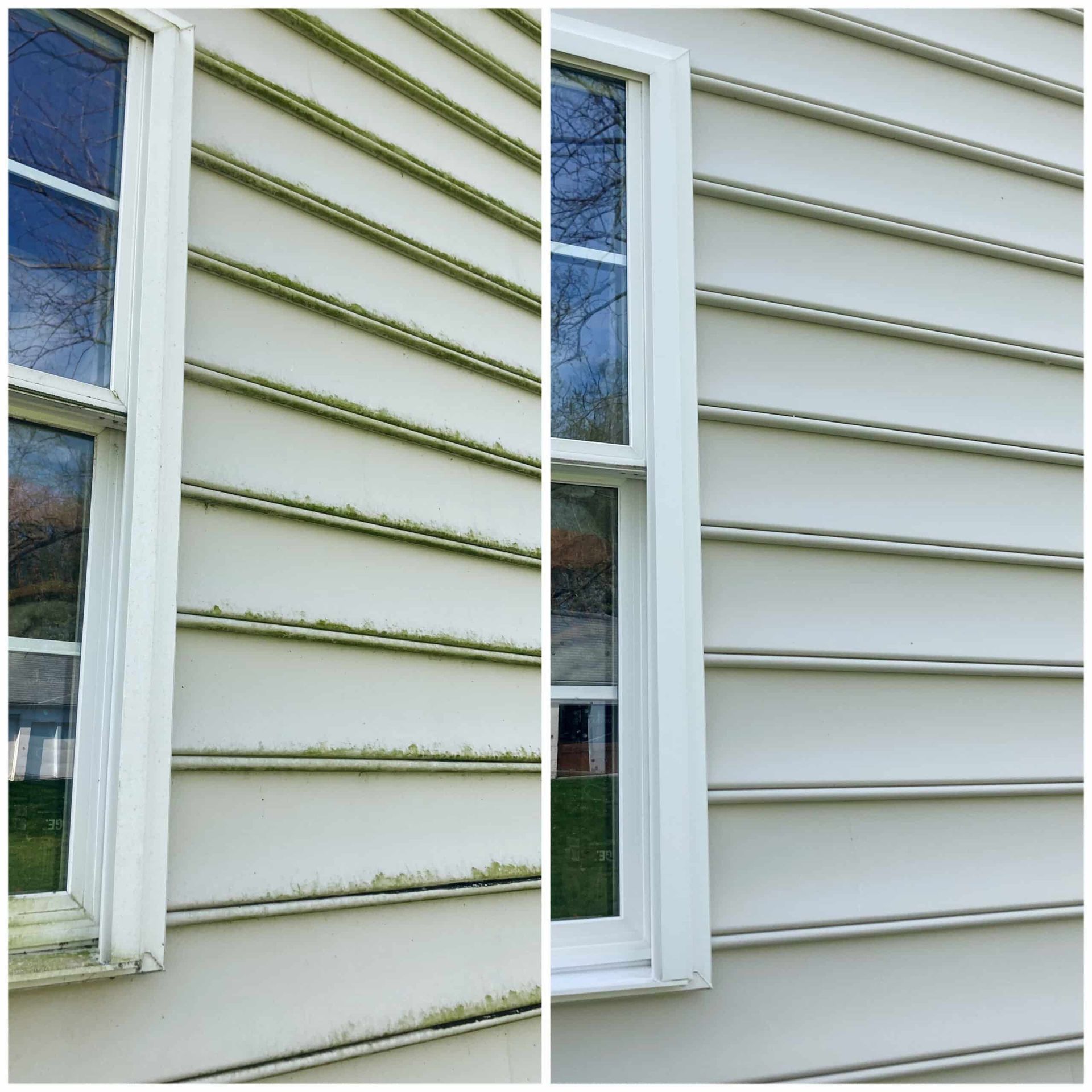 Side-by-side siding comparison: dirty white house siding on left, clean white siding on right, beside a window.