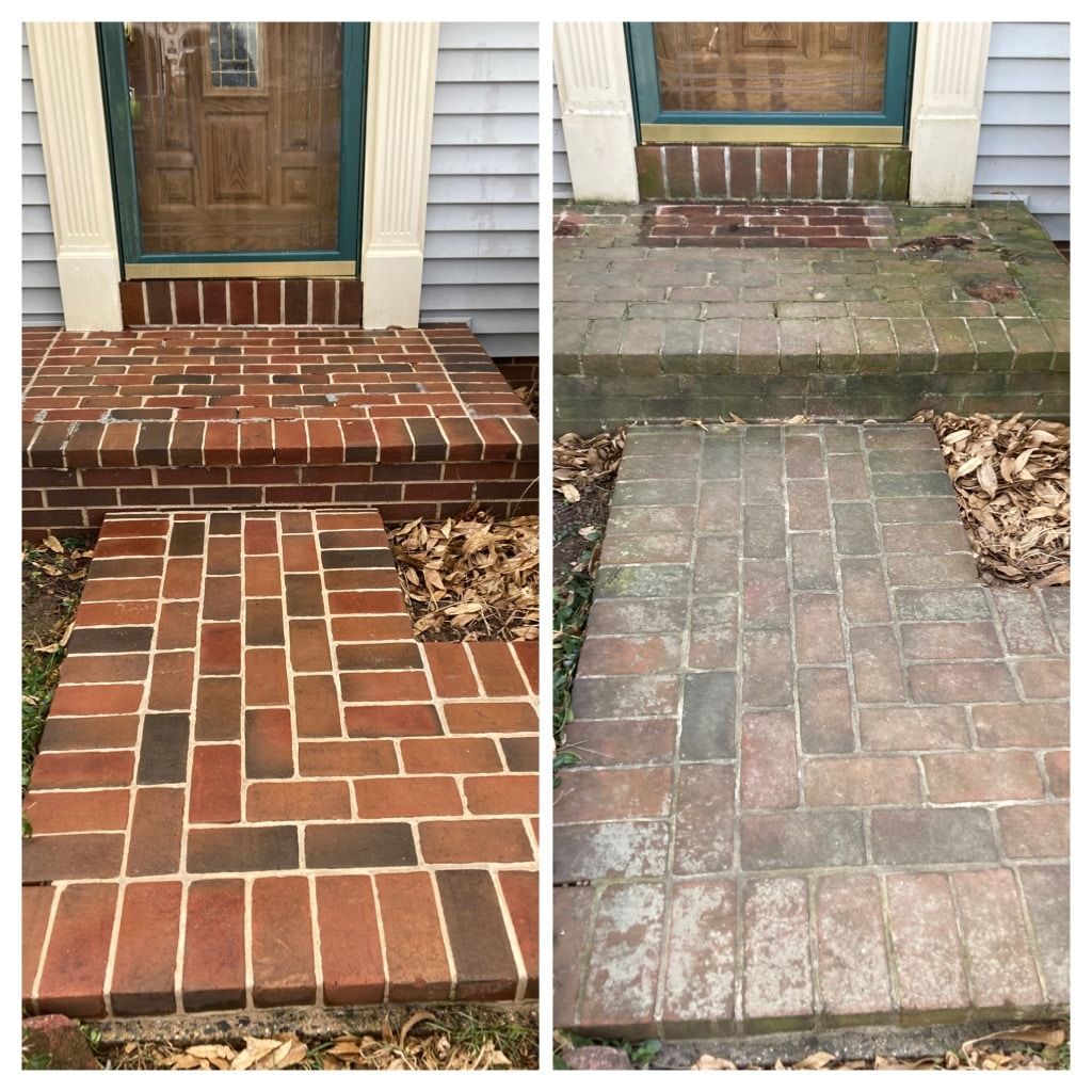 Before-and-after of a brick front stoop and walkway, showing repaired steps and a smoother surface.