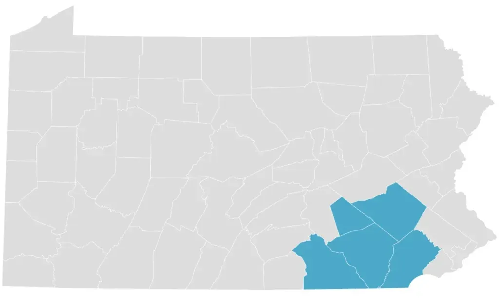 Pennsylvania county map with southeastern counties highlighted in blue