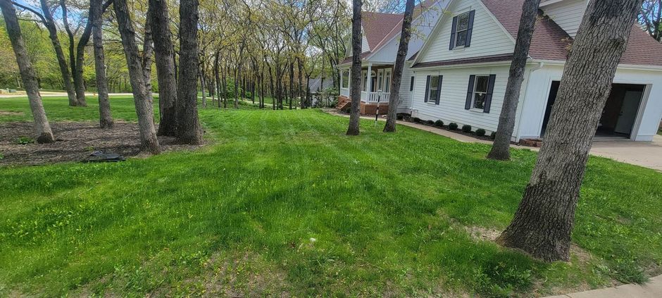White house with dark roof beside a grassy yard and trees in spring.