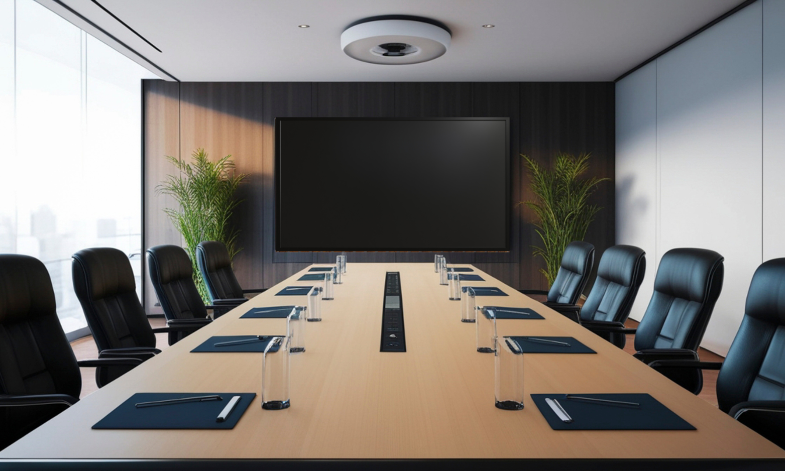 Modern conference room with long wooden table, black chairs, wall-mounted screen, and plants.