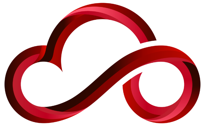 Abstract red ribbon-like logo forming a looping cloud shape on a white background