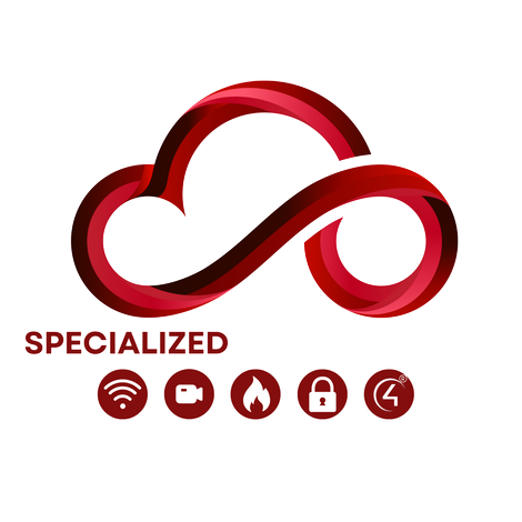 Red infinity-style cloud logo with โSPECIALIZEDโ and five small red service icons underneath